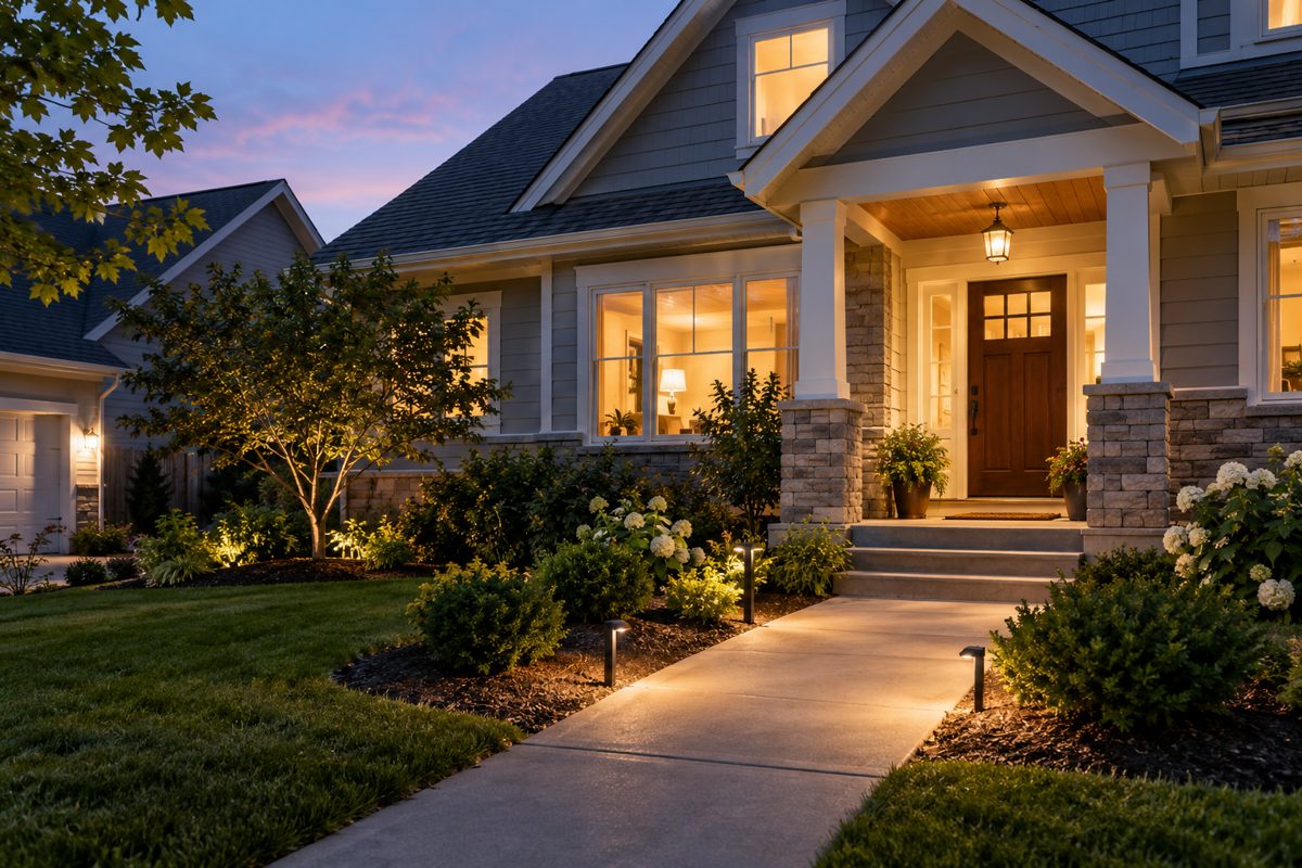 Illustration of a house with a lit front entrance and walkway at dusk